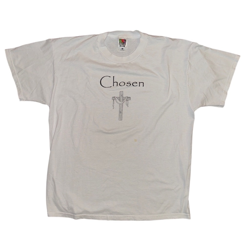 Vintage 2002 Fruit of the Loom Chosen Cross Christian T-Shirt White XL Church